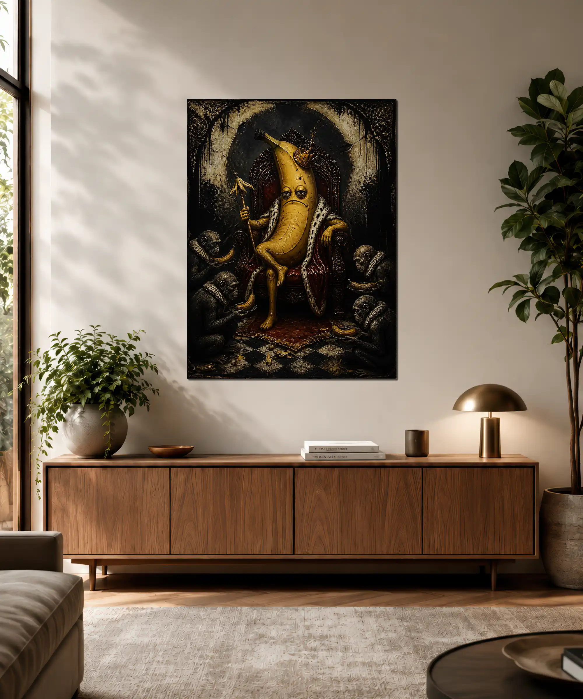 Banana King Surreal Poster 3 painting Surreal crowned banana poster displayed in an interior with monkeys and ornate royal scene