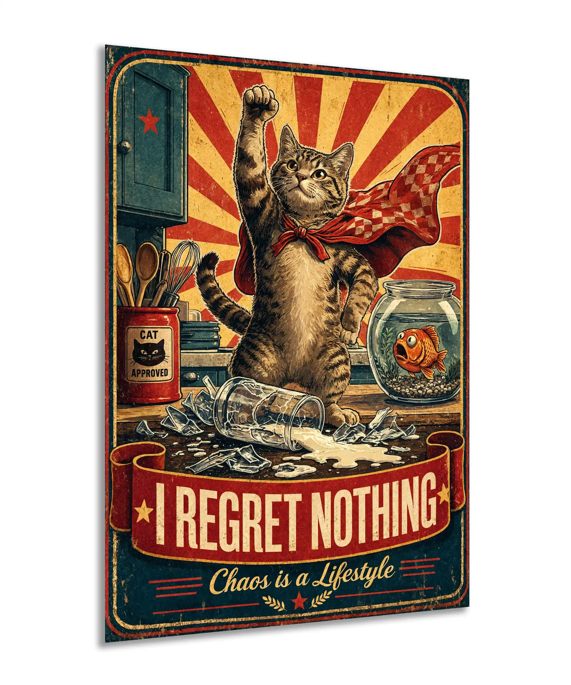 Rebel Cat Cat Poster 2 painting Angled rebel tabby cat poster featuring a red cape, fishbowl, and shattered kitchen jar