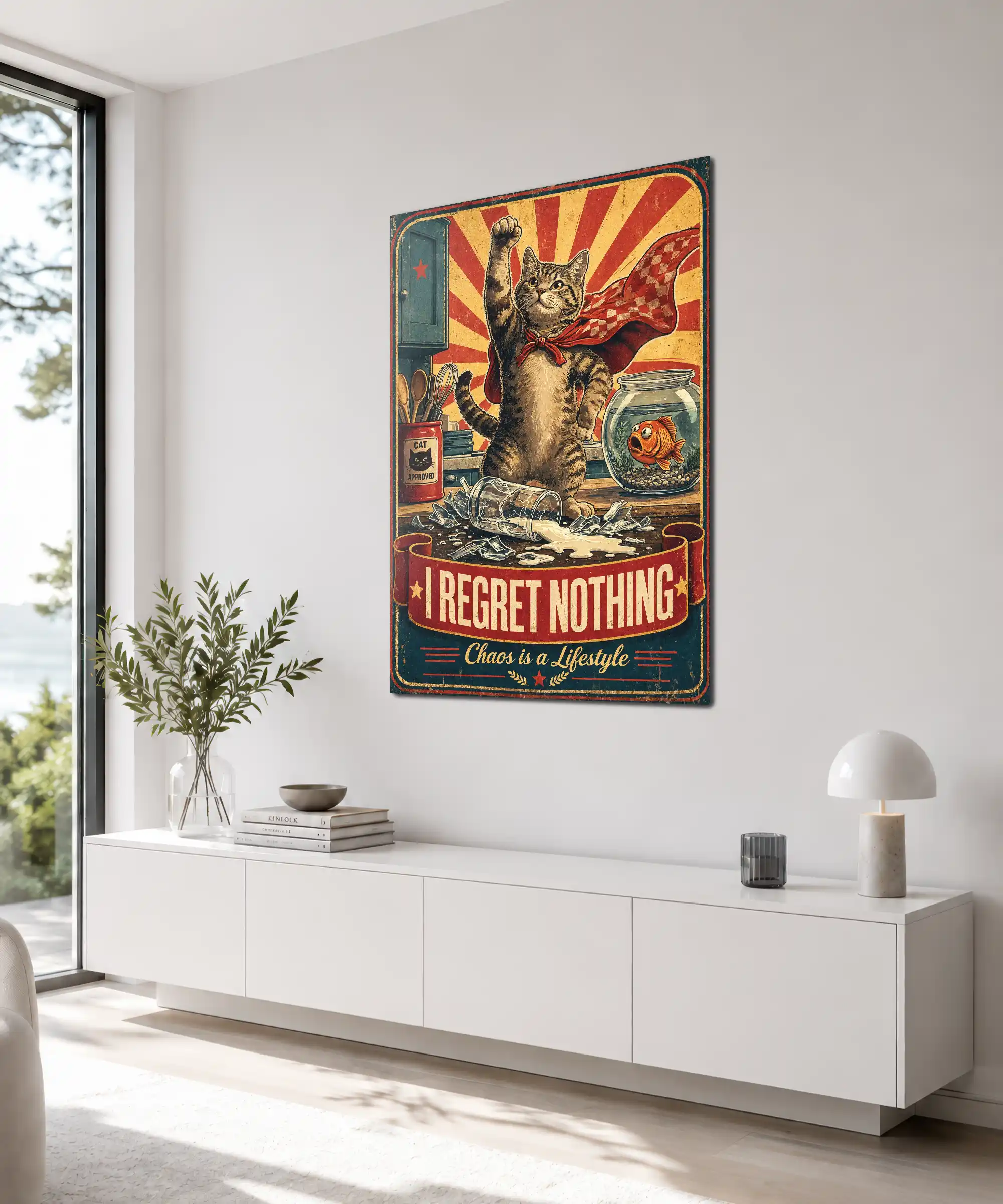 Rebel Cat Cat Poster 4 painting Angled vintage cat wall poster with caped tabby, kitchen chaos, and retro lettering