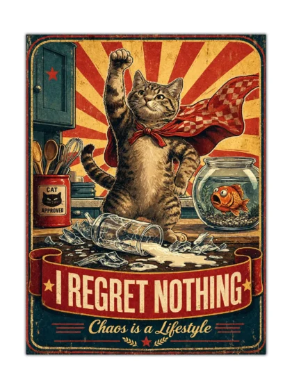 Vintage tabby cat poster with red cape, broken glass, fishbowl, and bold propaganda design