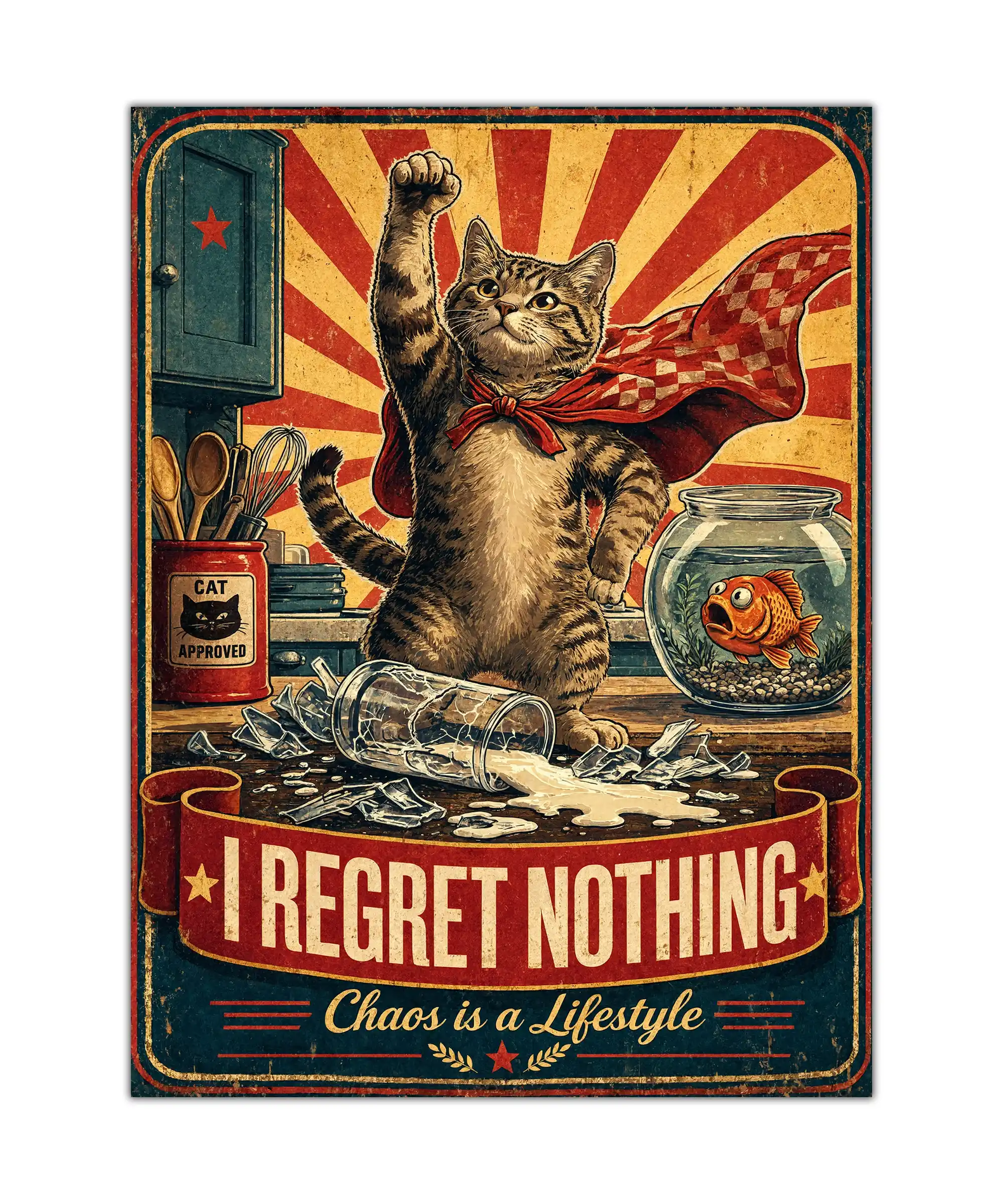 Rebel Cat Cat Poster 1 painting Vintage tabby cat poster with red cape, broken glass, fishbowl, and bold propaganda design
