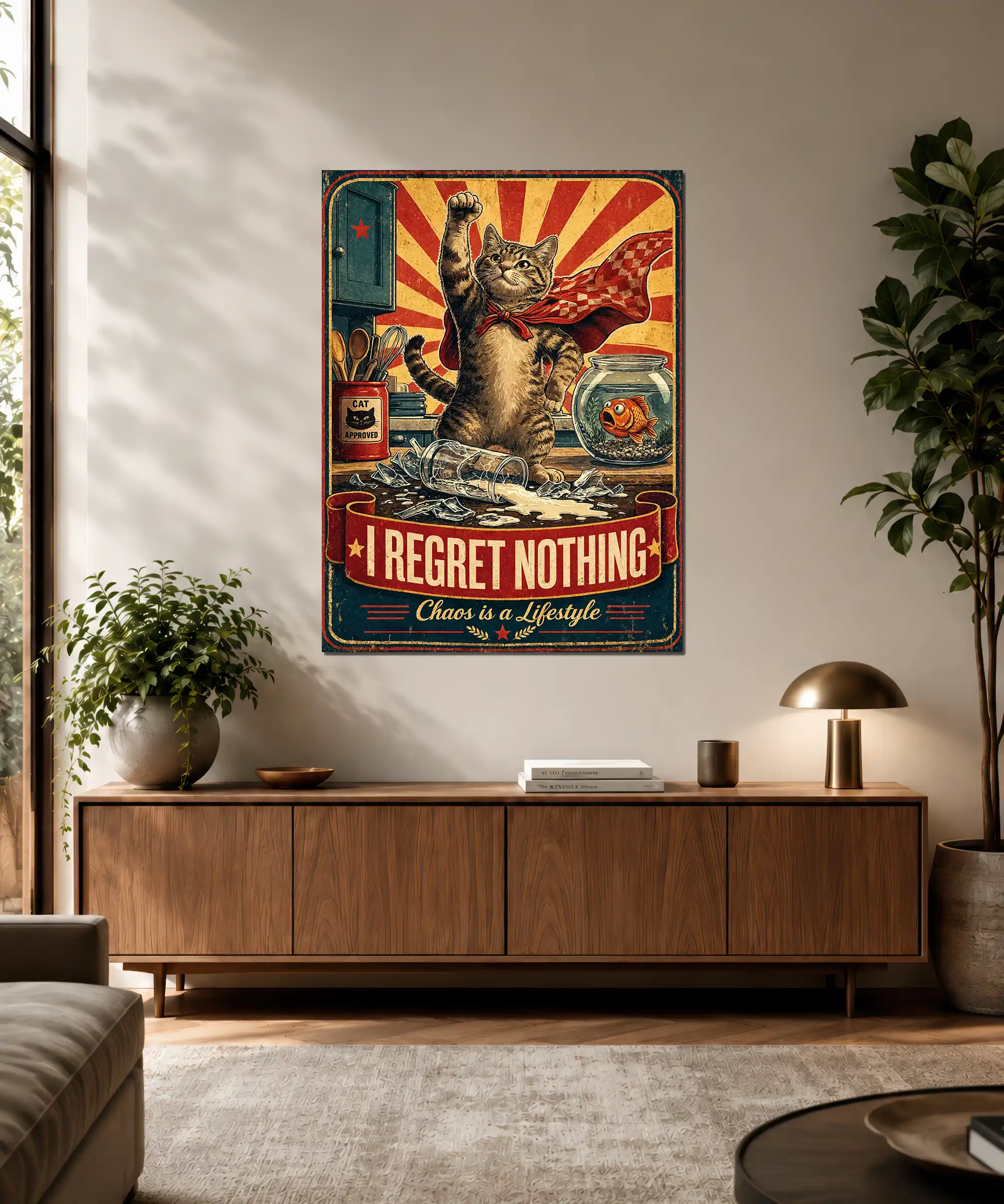 Rebel Cat Cat Poster 3 painting Rebel tabby cat wall poster displayed in an interior with bold red and gold colors