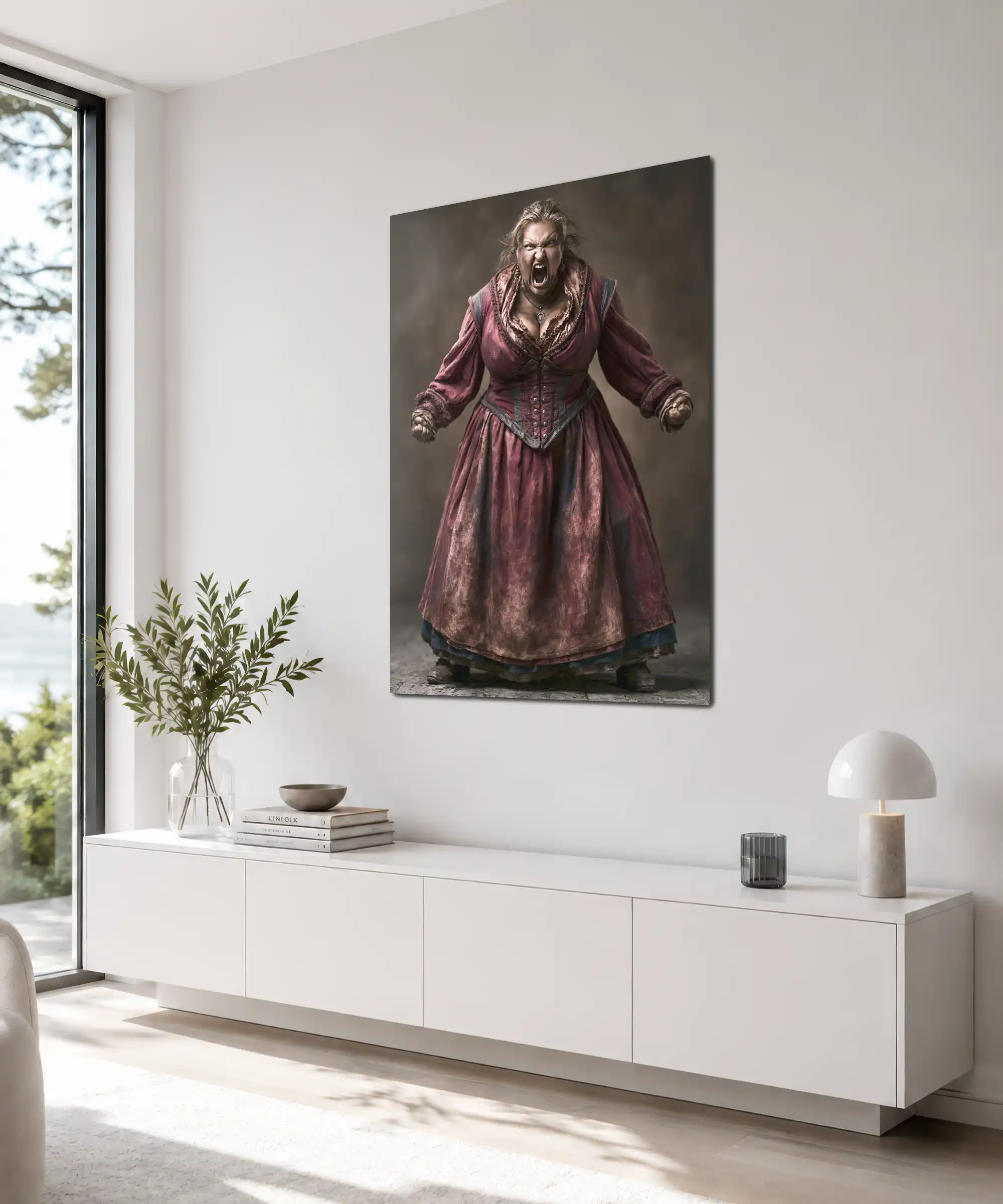 Furious Woman Poster 4 painting Angled furious woman wall poster displayed in a dark stylish room