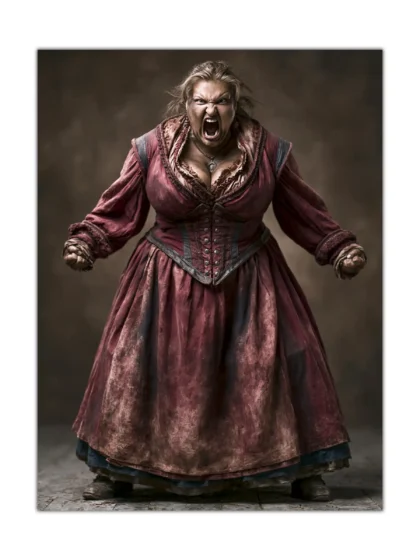 Furious woman in burgundy historical dress shown as a dramatic portrait poster