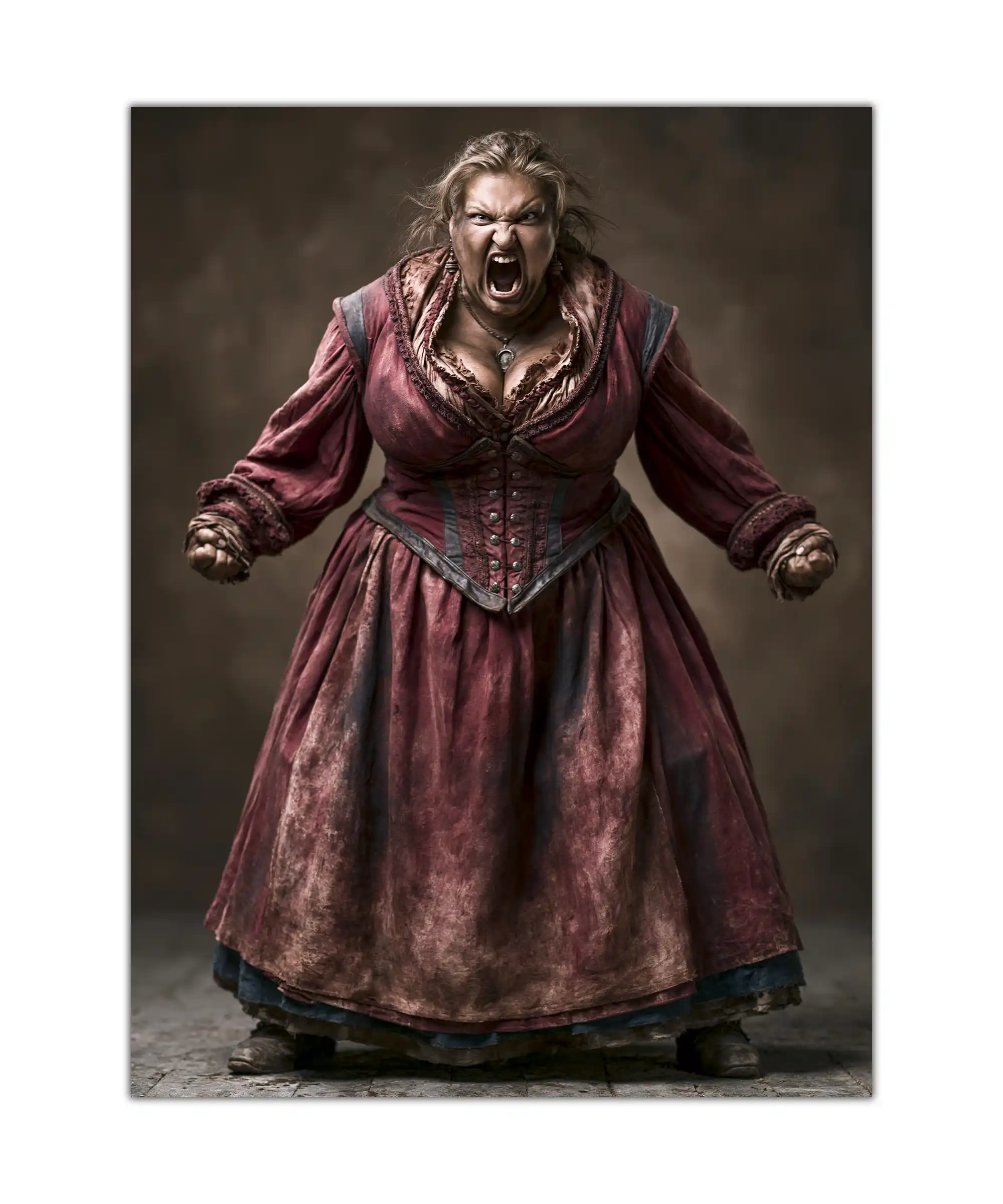 Furious Woman Poster 1 painting Furious woman in burgundy historical dress shown as a dramatic portrait poster