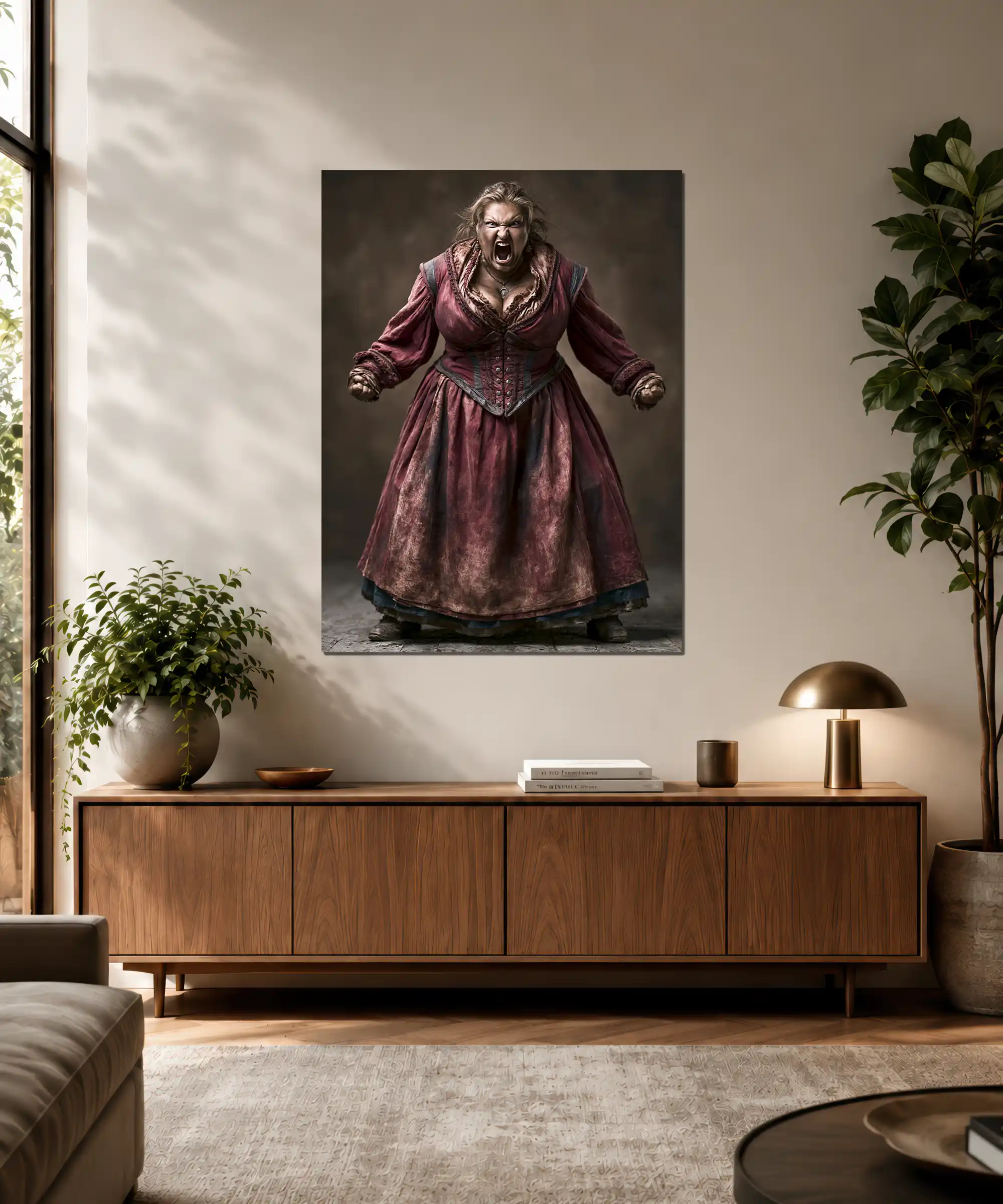 Furious Woman Poster 3 painting Furious woman burgundy dress poster displayed in a moody interior