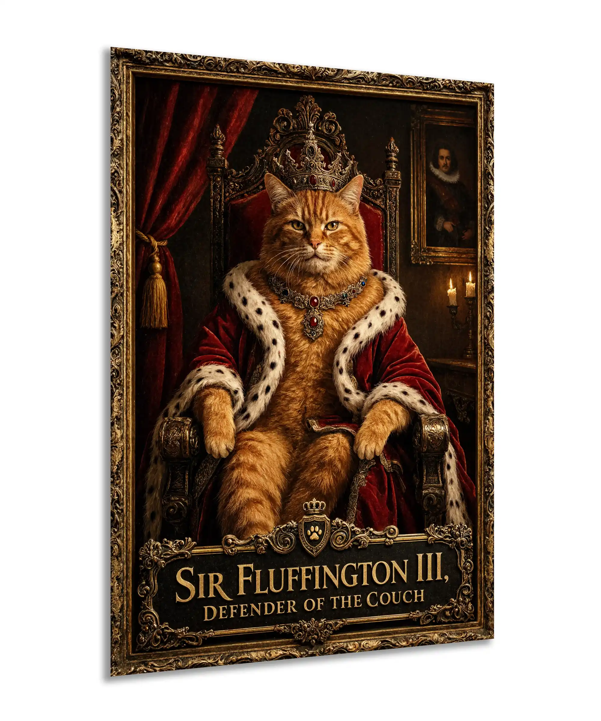 Sir Fluffington Royal Cat Poster 2 painting Angled royal cat poster showing crowned orange tabby Sir Fluffington on a throne