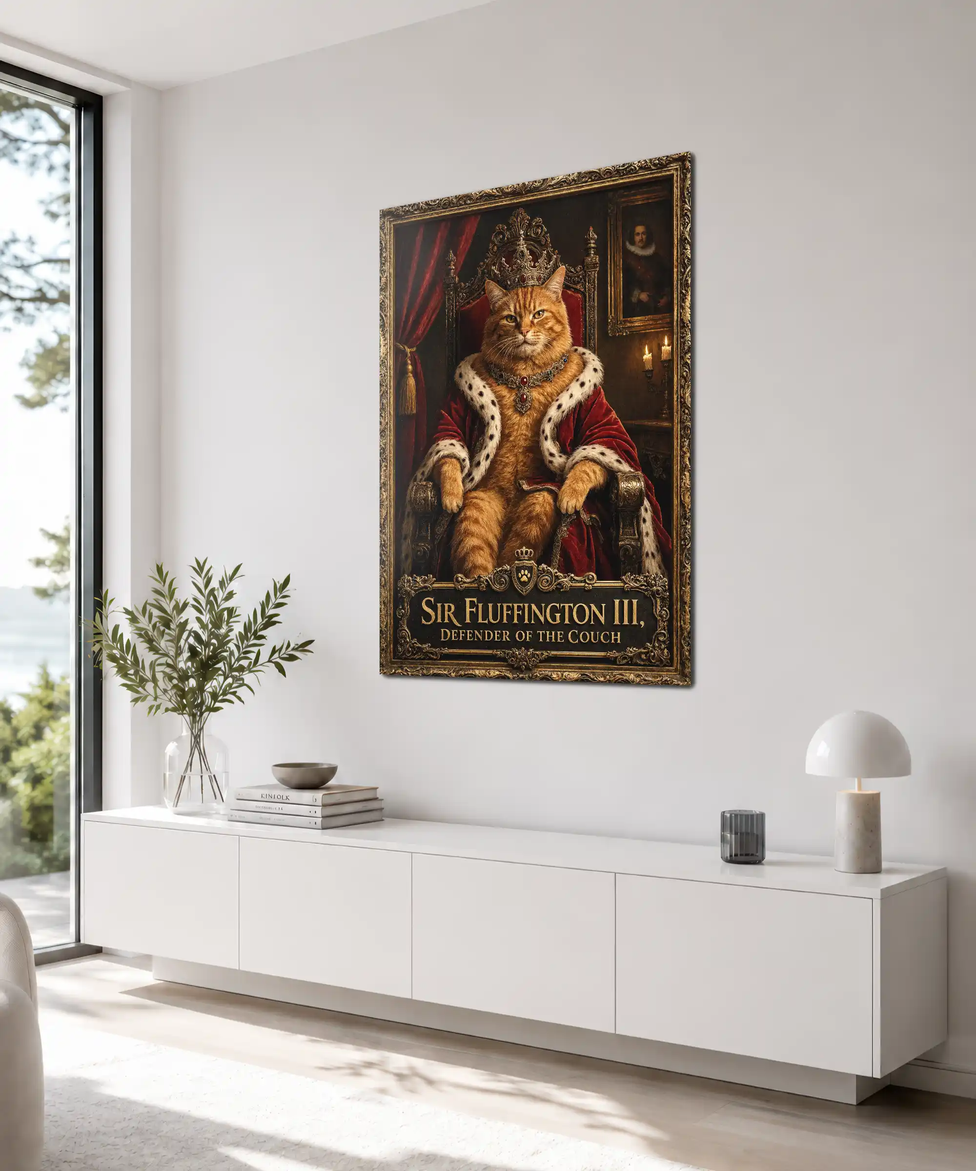 Sir Fluffington Royal Cat Poster 4 painting Angled Sir Fluffington royal cat wall art displayed in an elegant interior