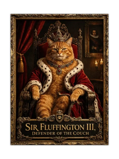 Sir Fluffington III orange tabby cat royal portrait poster with crown and velvet robe