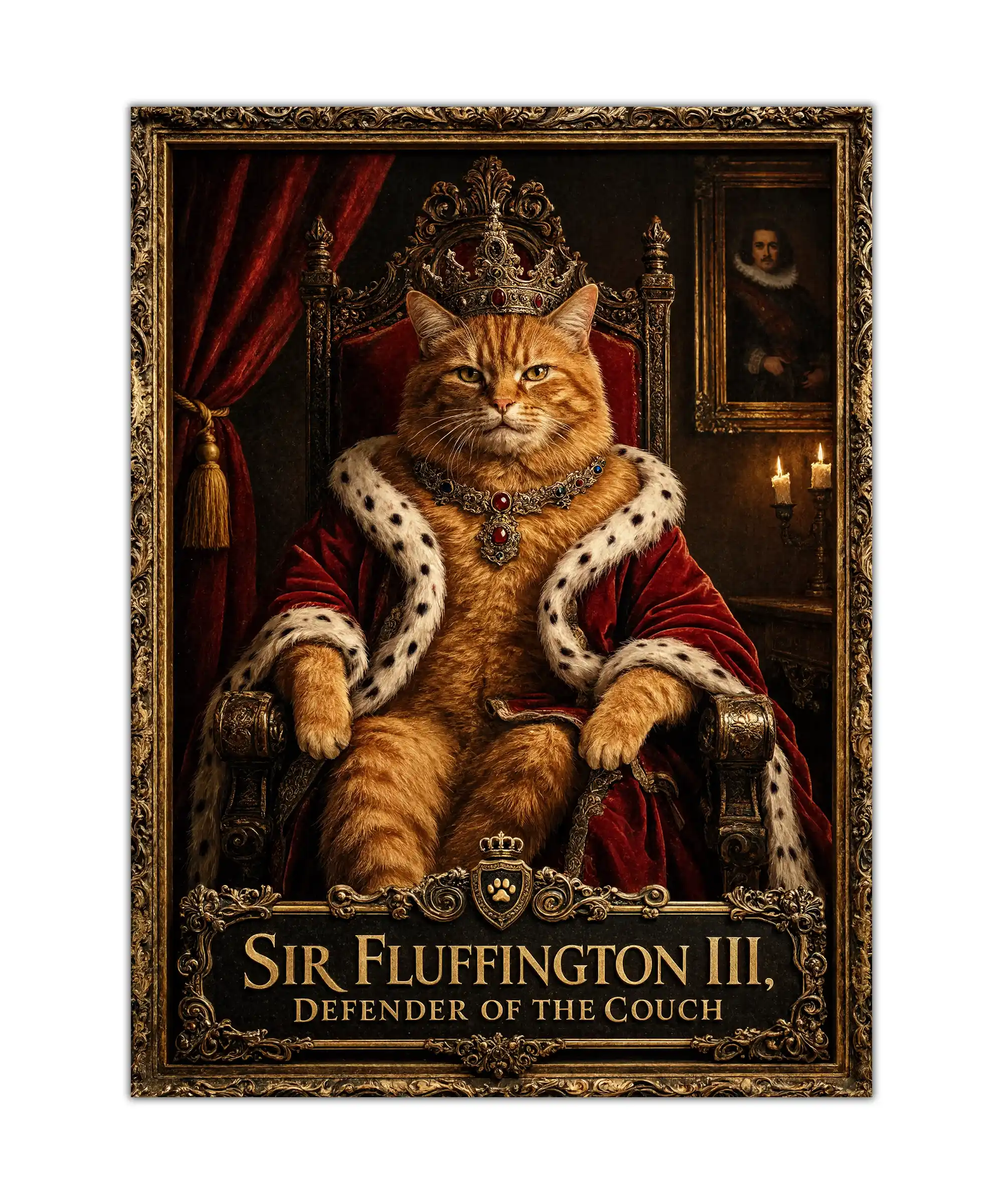 Sir Fluffington Royal Cat Poster 1 painting Sir Fluffington III orange tabby cat royal portrait poster with crown and velvet robe