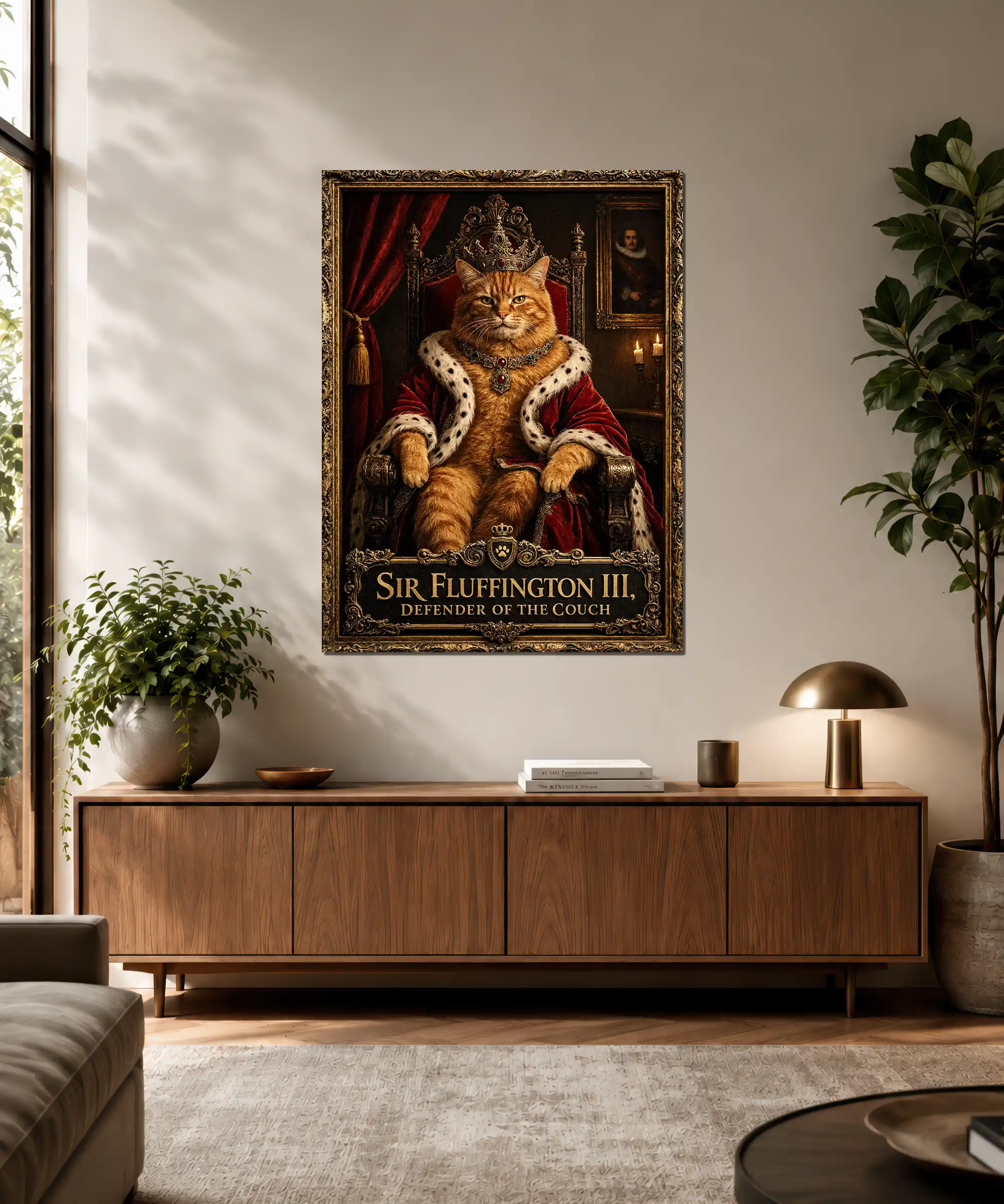 Sir Fluffington Royal Cat Poster 3 painting Royal orange tabby cat poster displayed in a classic living room interior