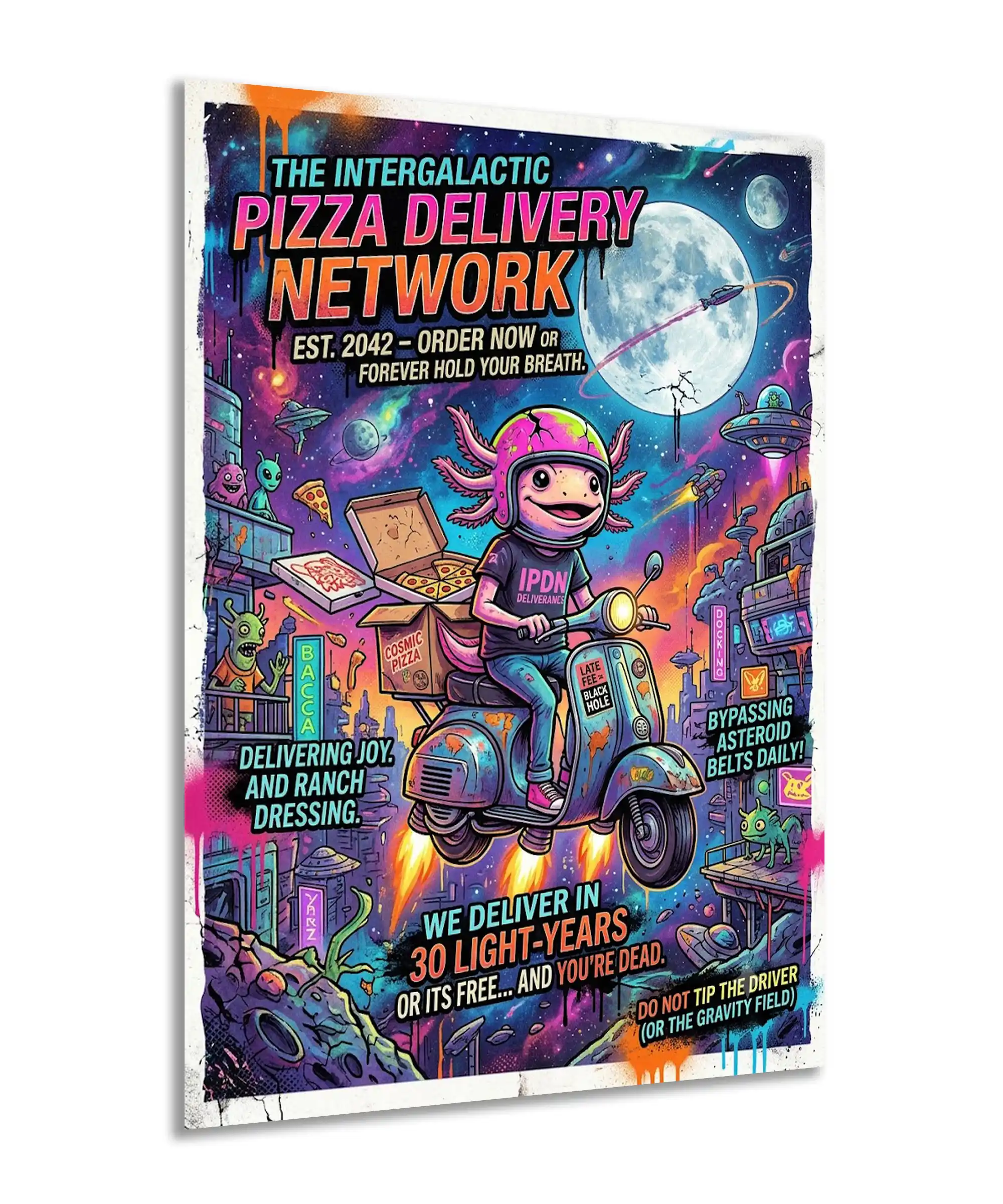 Intergalactic Pizza Delivery Space Poster 2 painting Angled intergalactic pizza poster showing an alien scooter courier among neon planets and UFOs
