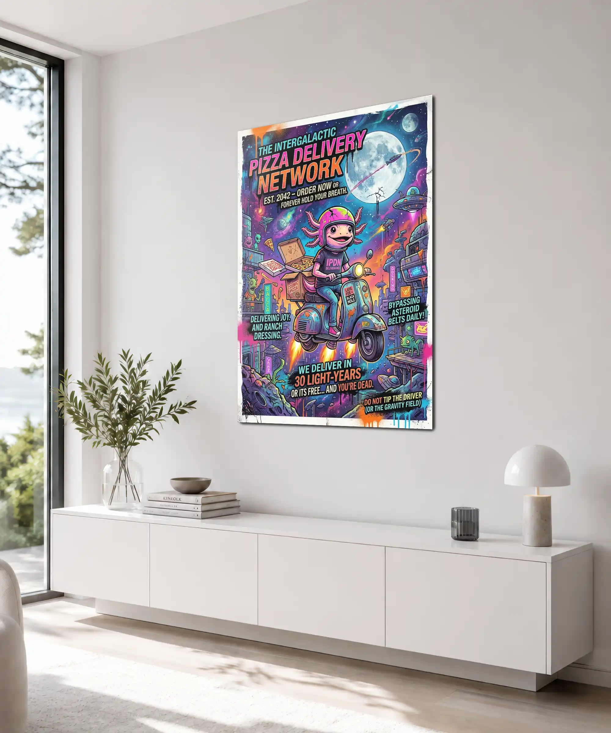 Intergalactic Pizza Delivery Space Poster 4 painting Angled space pizza delivery wall poster shown in an interior with colorful cosmic artwork