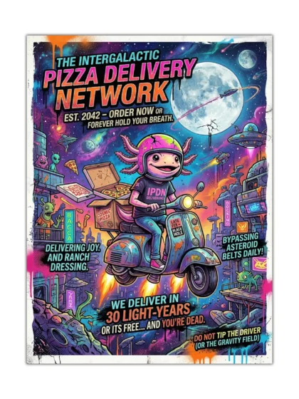 Intergalactic pizza delivery poster with an alien courier riding a rocket scooter through space