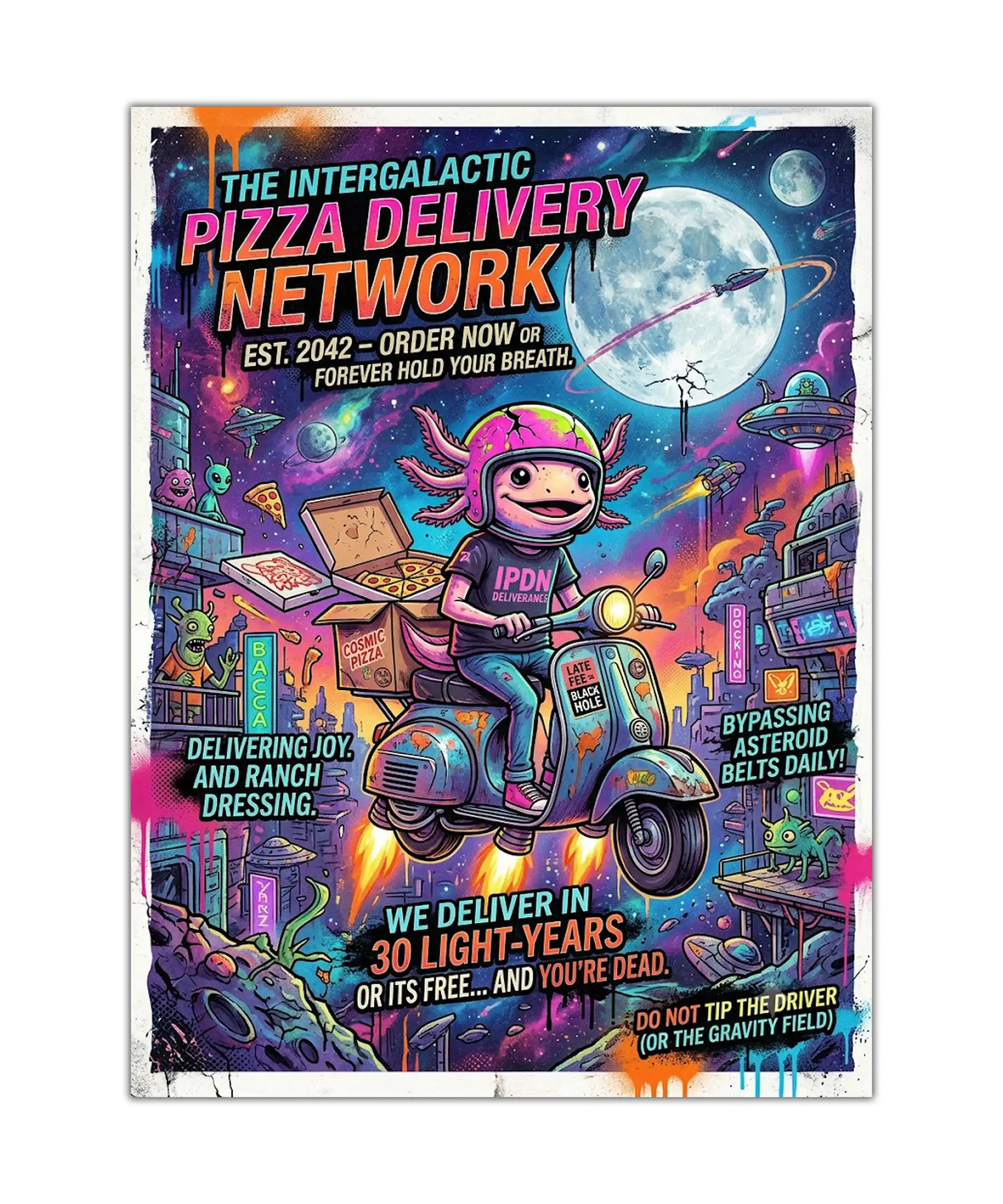Intergalactic Pizza Delivery Space Poster 1 painting Intergalactic pizza delivery poster with an alien courier riding a rocket scooter through space