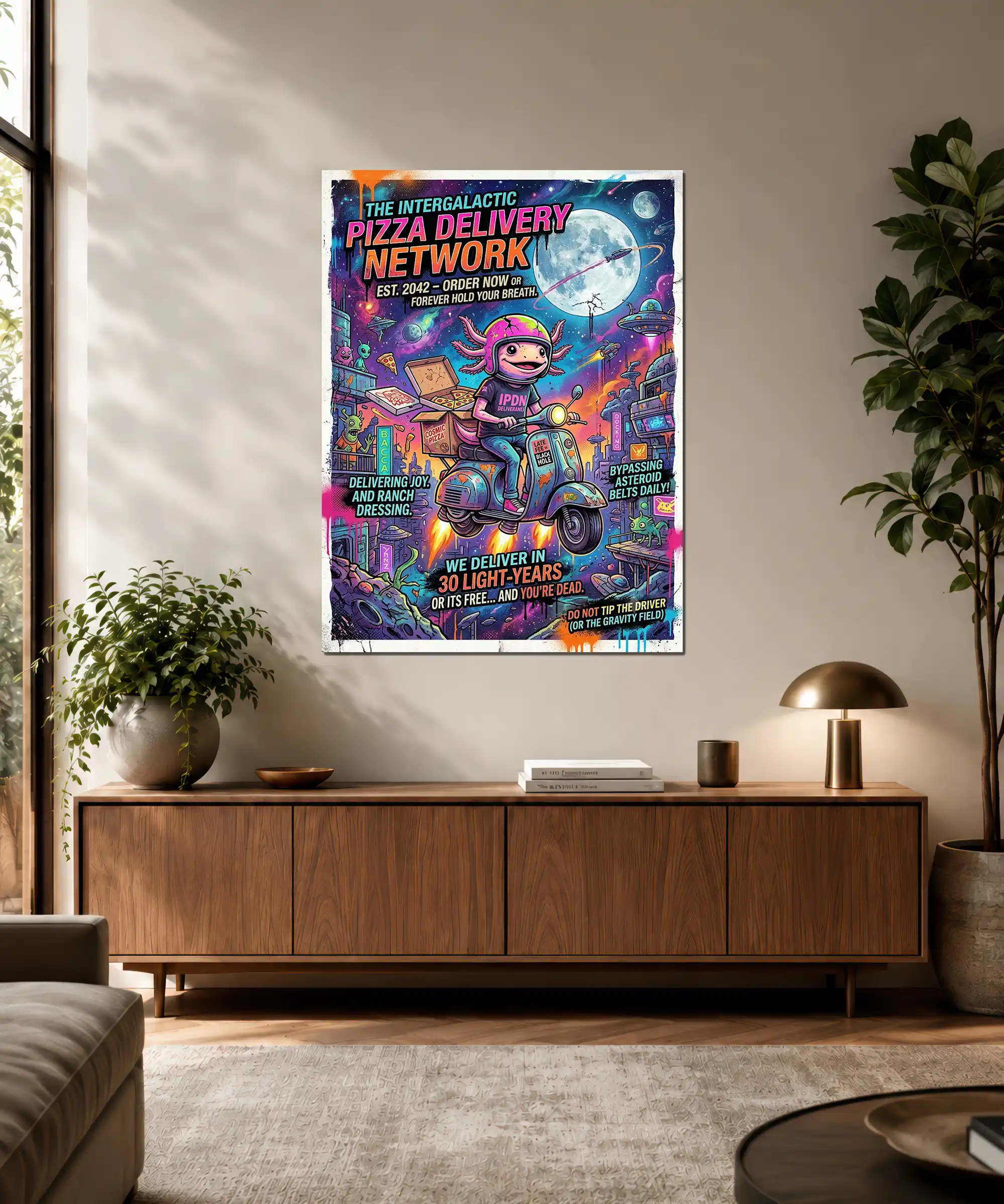 Intergalactic Pizza Delivery Space Poster 3 painting Intergalactic alien pizza delivery poster displayed in a lively modern interior
