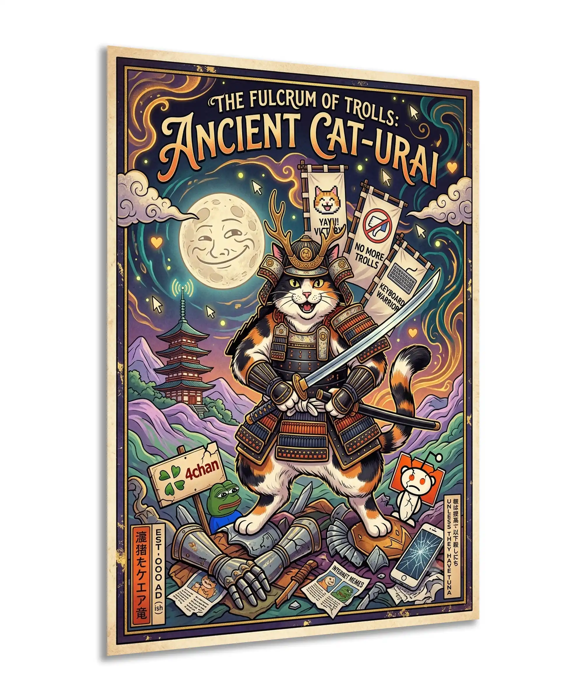 Ancient Cat-Urai Cat Poster 2 painting Angled samurai cat poster with armored feline, pagoda, moon, and meme details