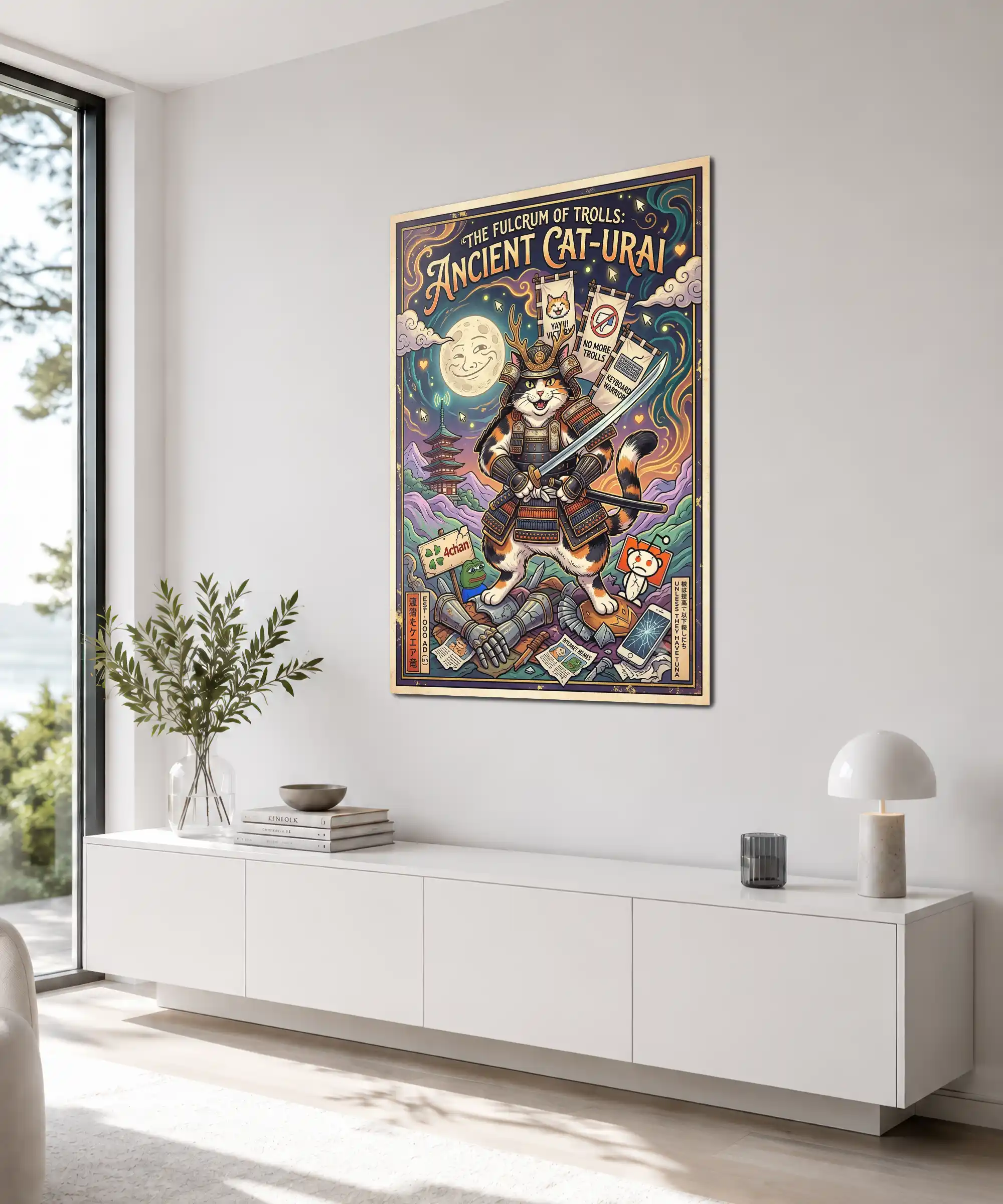 Ancient Cat-Urai Cat Poster 4 painting Angled cat warrior wall art with samurai armor, sword, pagoda, and trolls