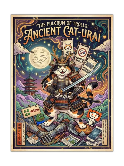 Samurai cat poster showing an armored calico warrior beneath a smiling moon