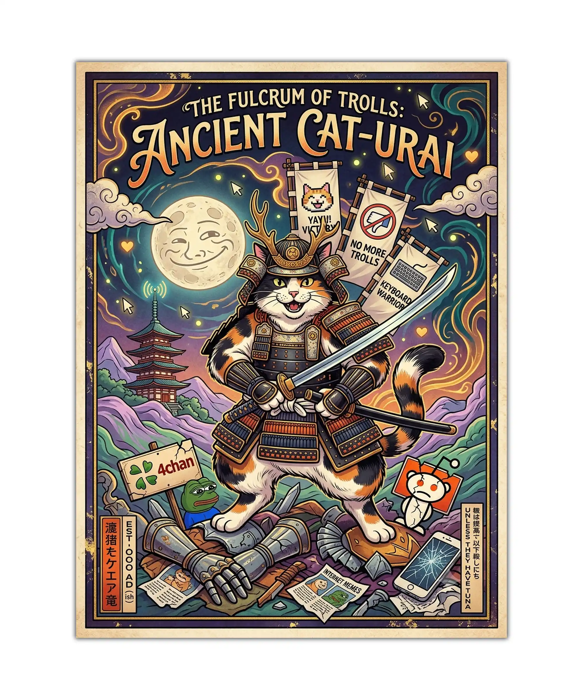 Ancient Cat-Urai Cat Poster 1 painting Samurai cat poster showing an armored calico warrior beneath a smiling moon