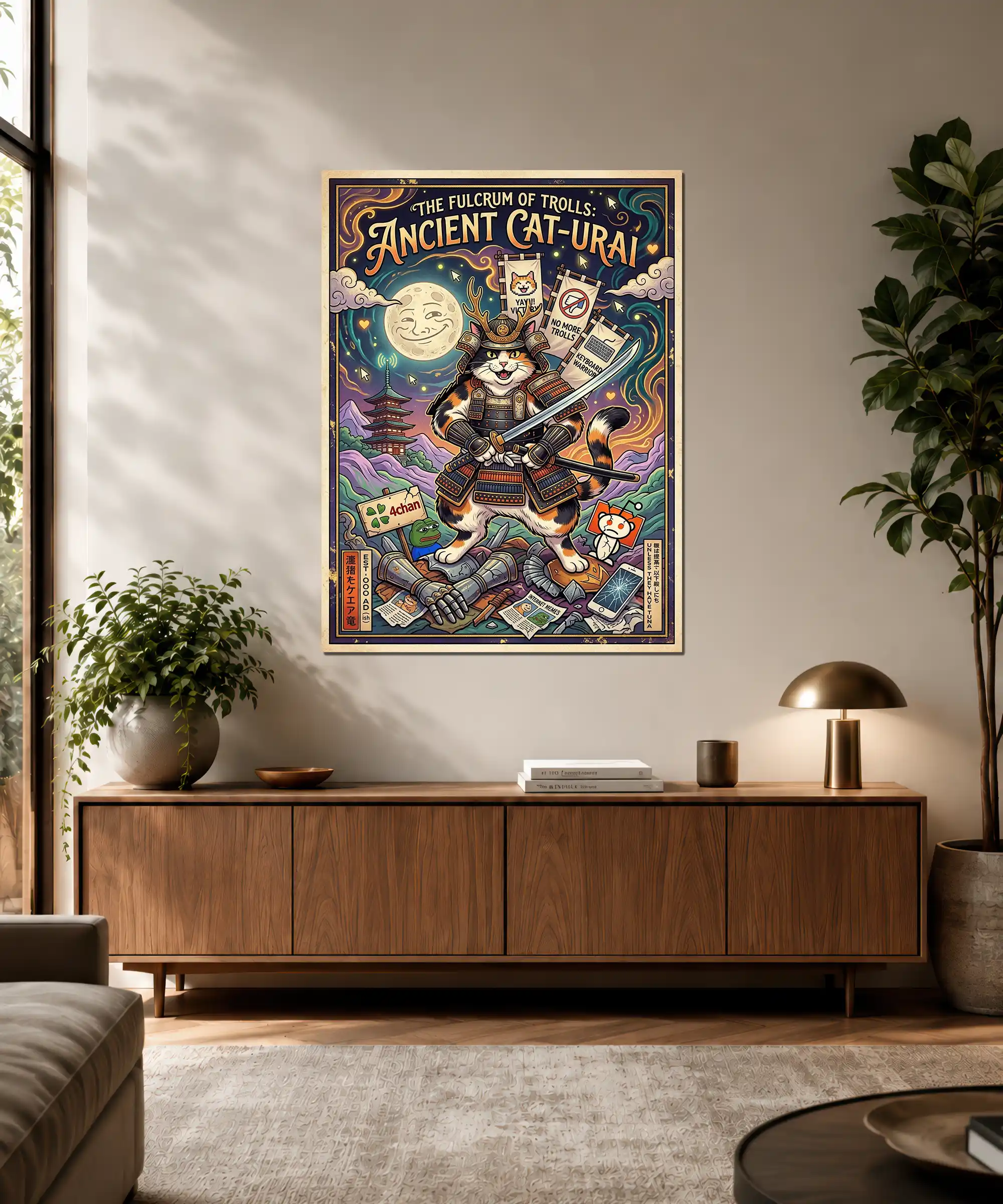 Ancient Cat-Urai Cat Poster 3 painting Samurai cat wall art displayed in an interior with moonlit fantasy details