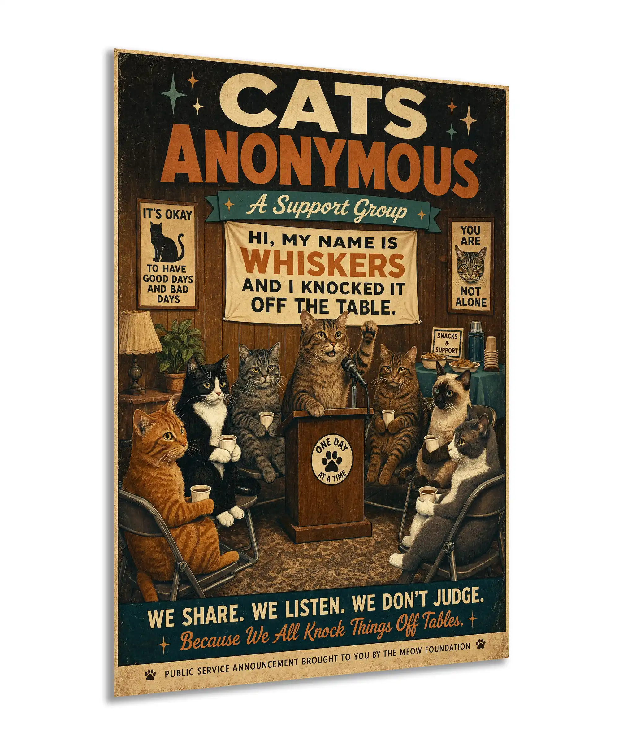 Cats Anonymous Cat Poster 2 painting Angled Cats Anonymous cat poster with vintage typography and seated illustrated felines