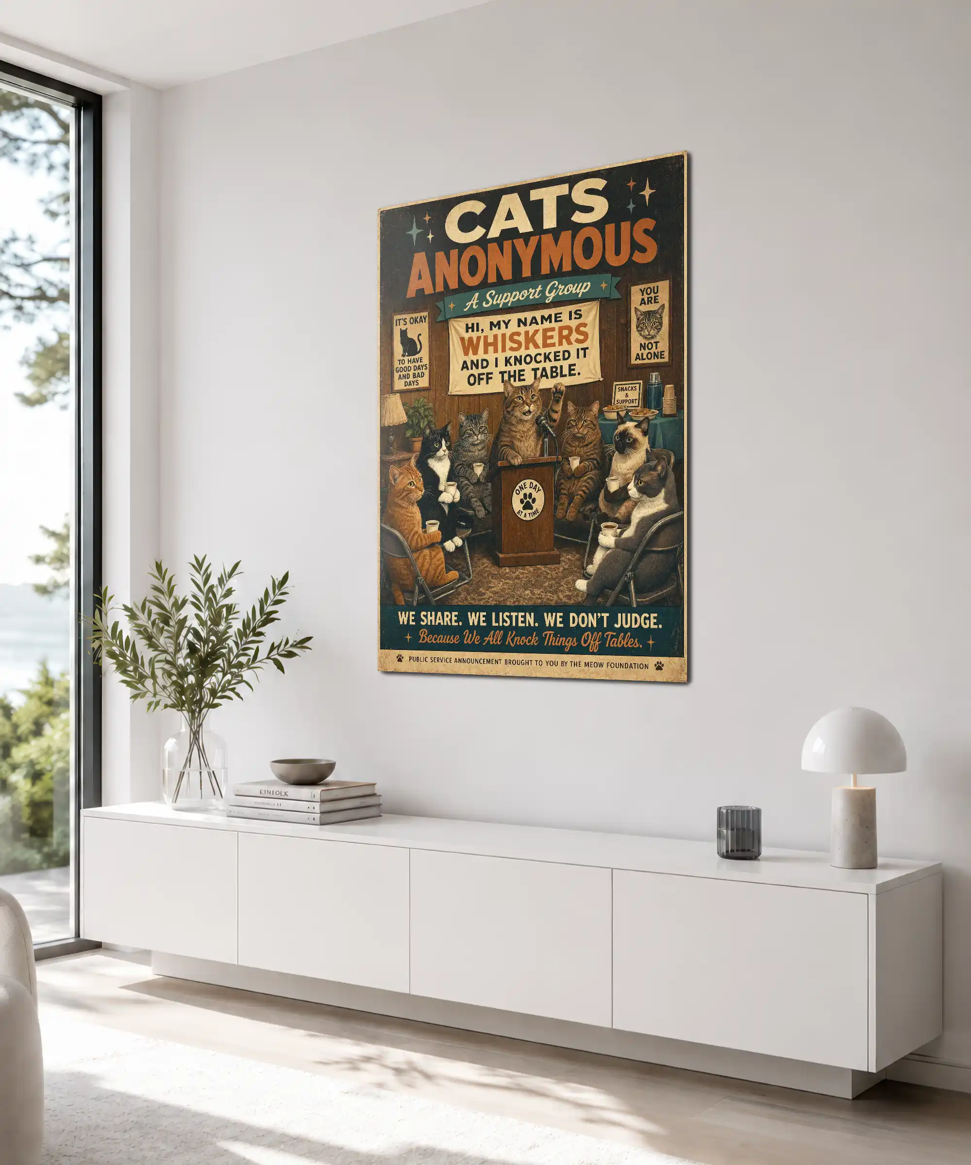 Cats Anonymous Cat Poster 4 painting Angled vintage cat poster displayed indoors with cats, coffee cups, and retro text