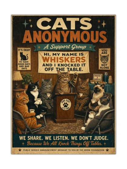 Cats Anonymous vintage cat poster showing a support group of illustrated cats with coffee cups