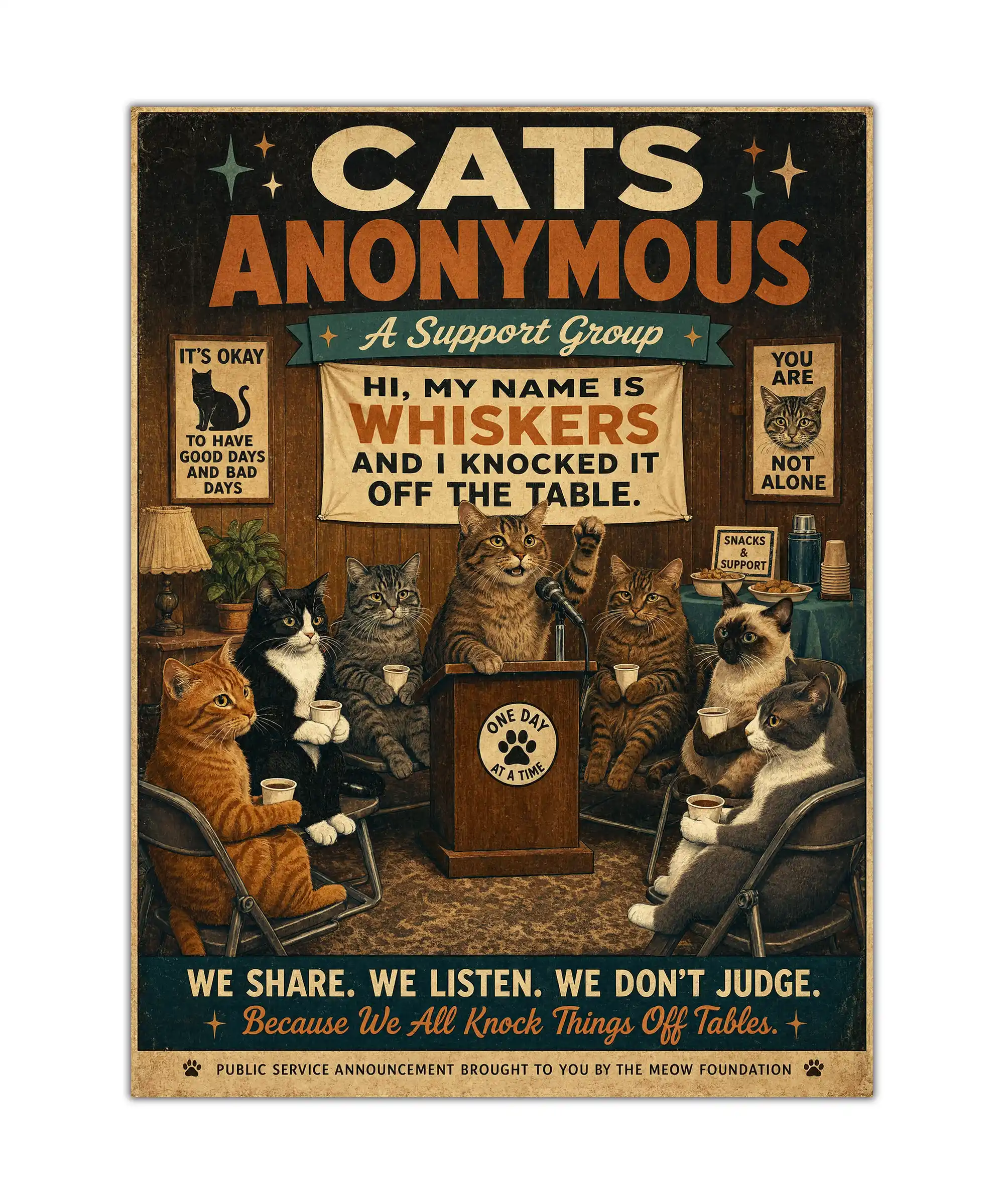 Cats Anonymous Cat Poster 1 painting Cats Anonymous vintage cat poster showing a support group of illustrated cats with coffee cups