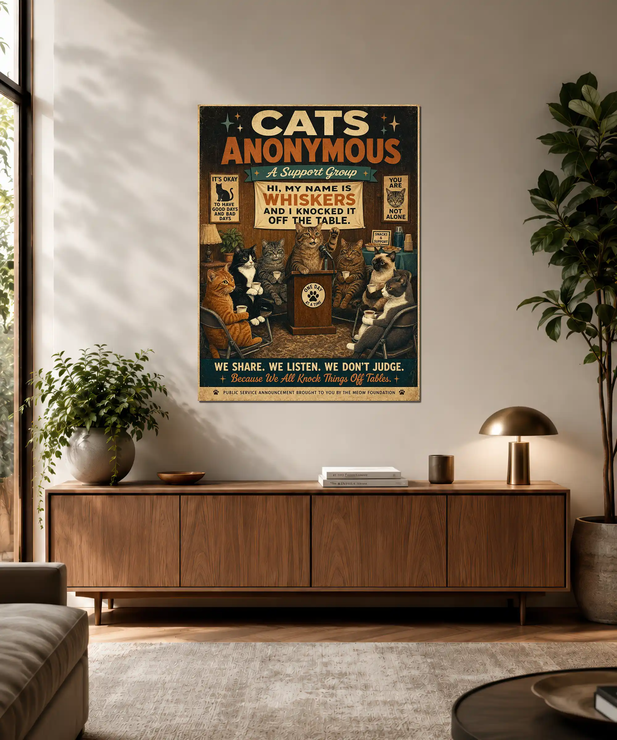 Cats Anonymous Cat Poster 3 painting Cats Anonymous poster displayed in an interior with a group of illustrated cats