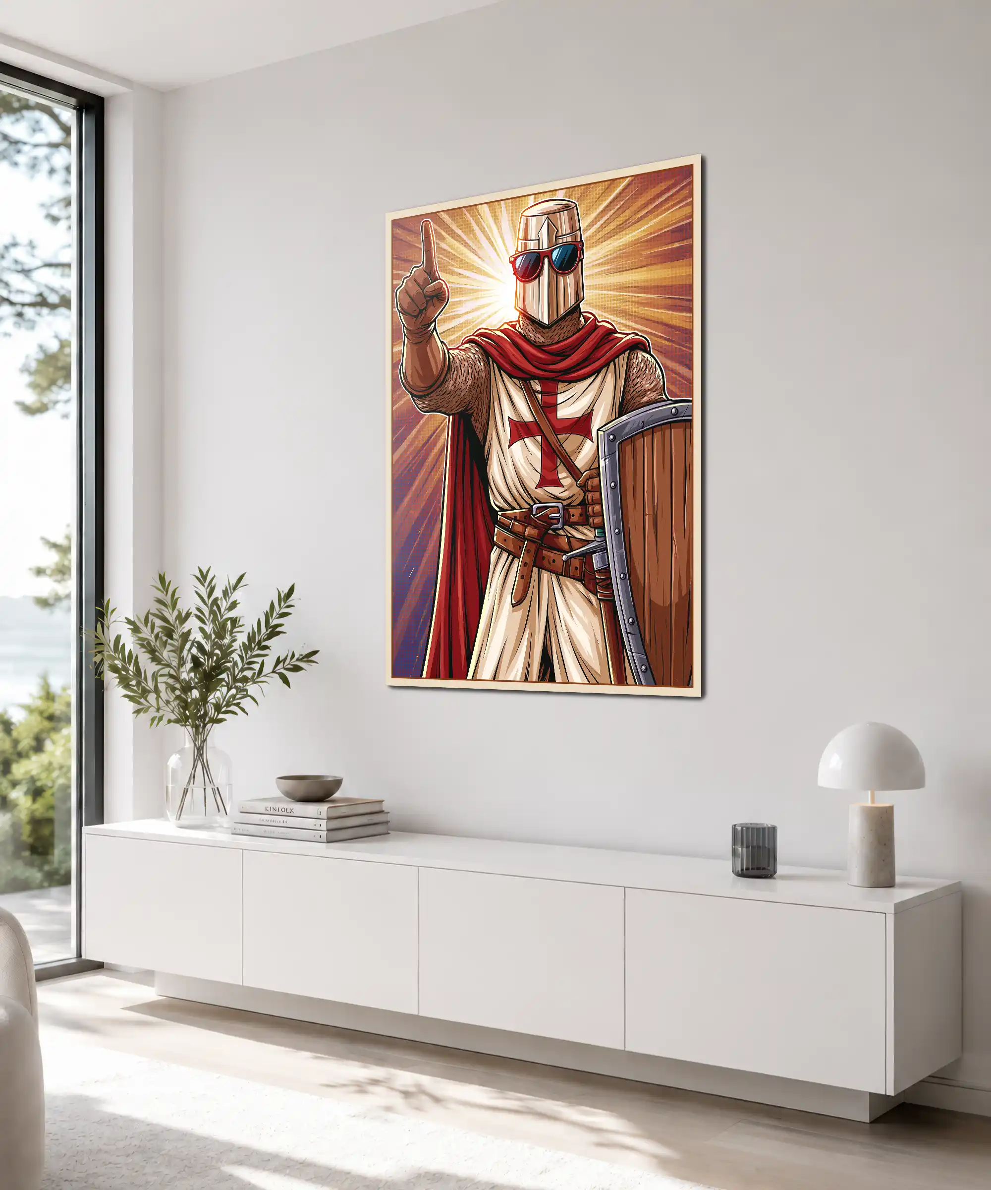 Knight Warrior Poster 4 painting Angled knight poster in an interior featuring sunglasses, armor, shield, and red cape