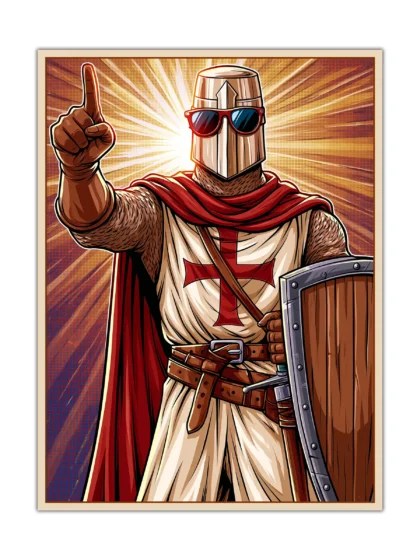 Medieval knight warrior poster with sunglasses, red cape, shield, and golden comic rays