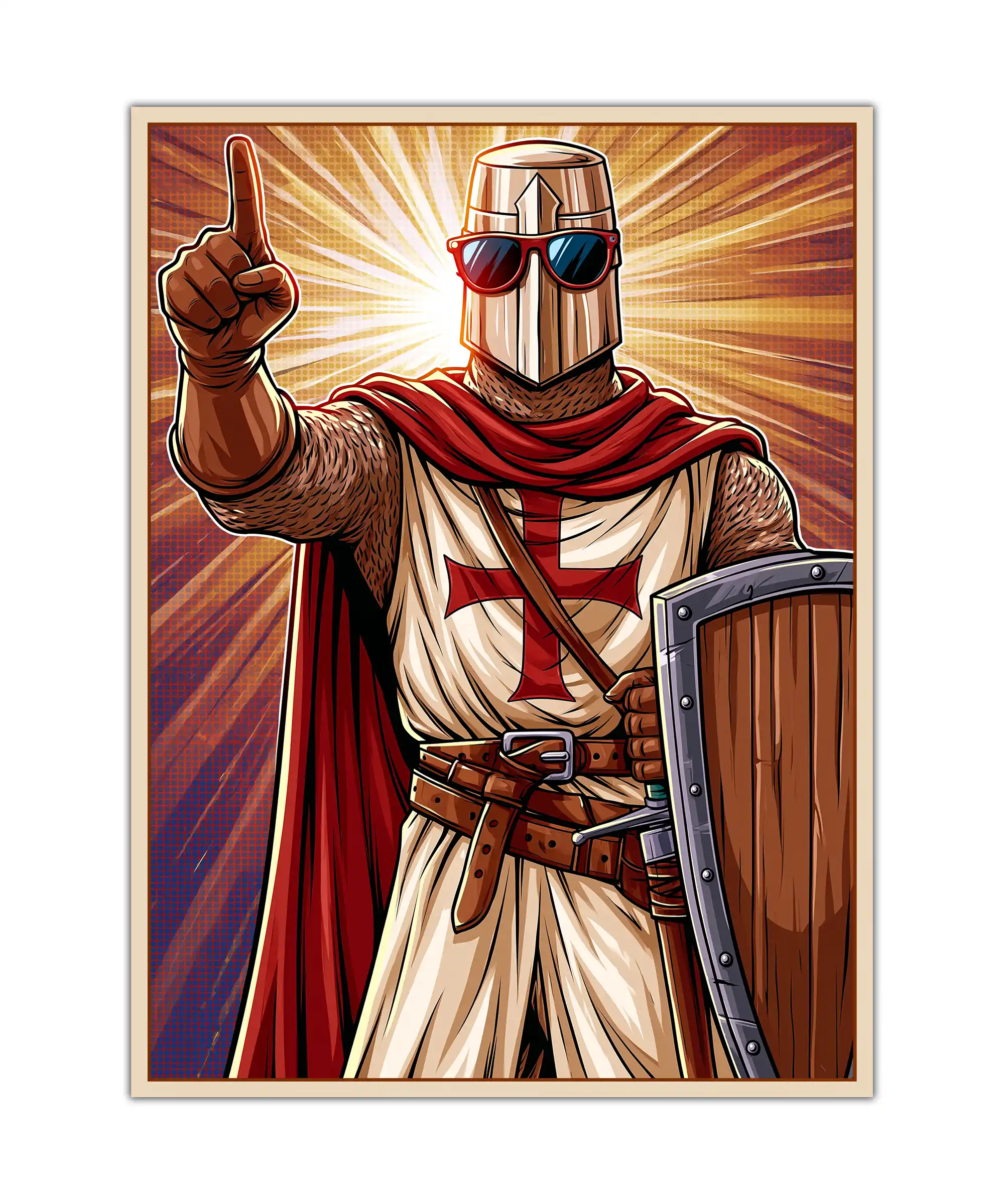 Knight Warrior Poster 1 painting Medieval knight warrior poster with sunglasses, red cape, shield, and golden comic rays