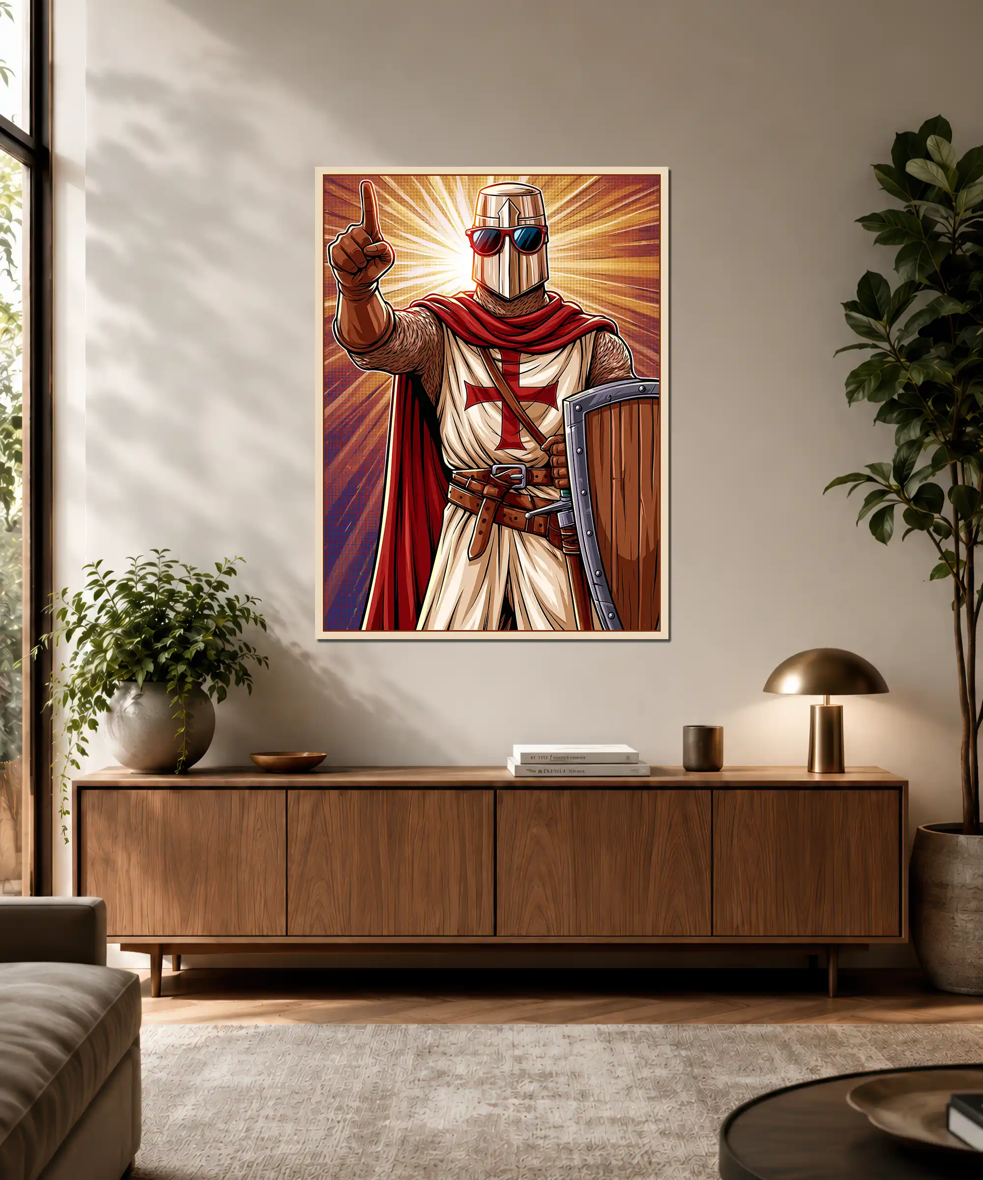 Knight Warrior Poster 3 painting Knight warrior wall art displayed in an interior with shield, red cape, and sunglasses