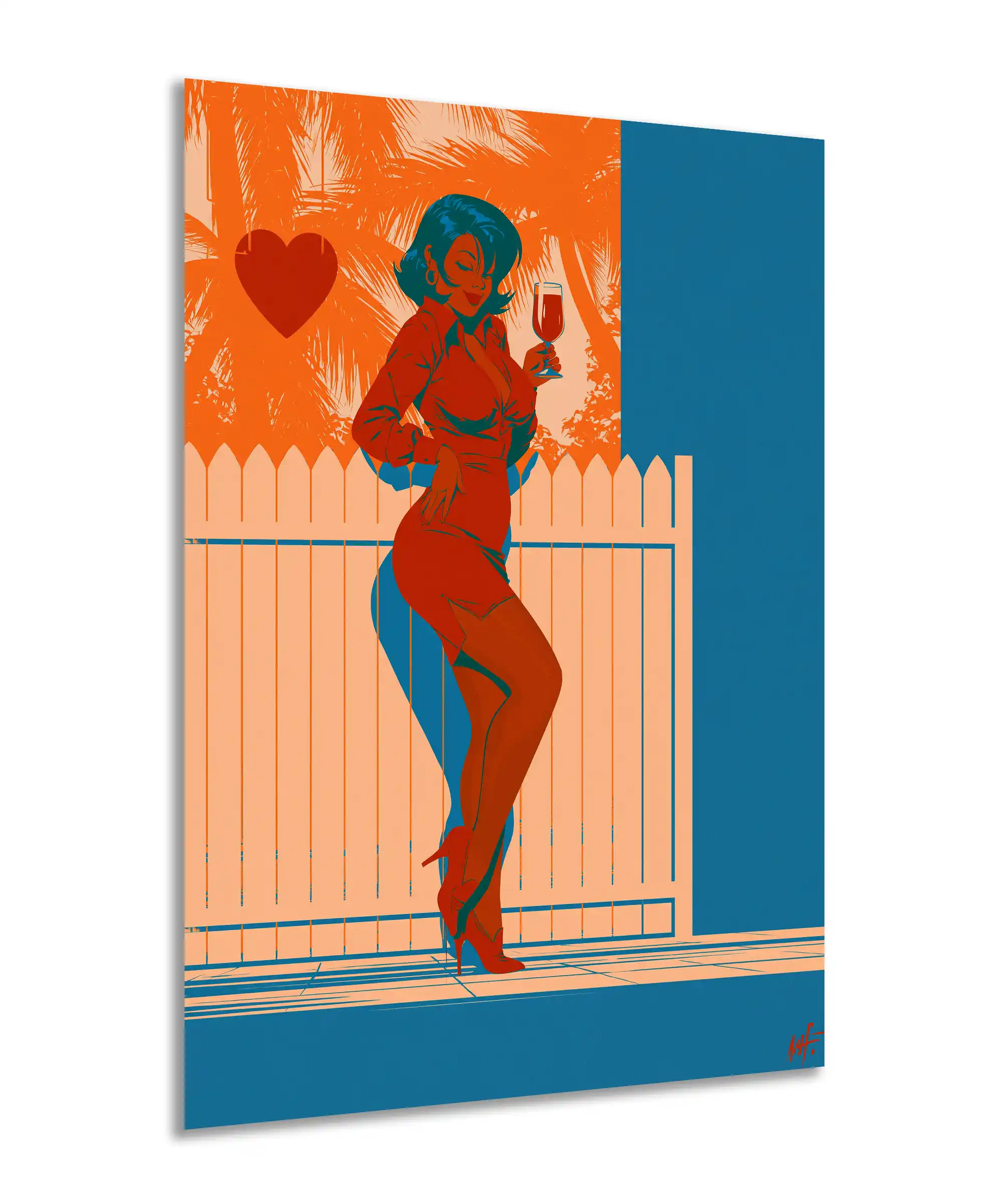 Patio Romance Sensual Poster 2 painting Angled poster of glamorous woman with wine glass and palm shadows in bold colors