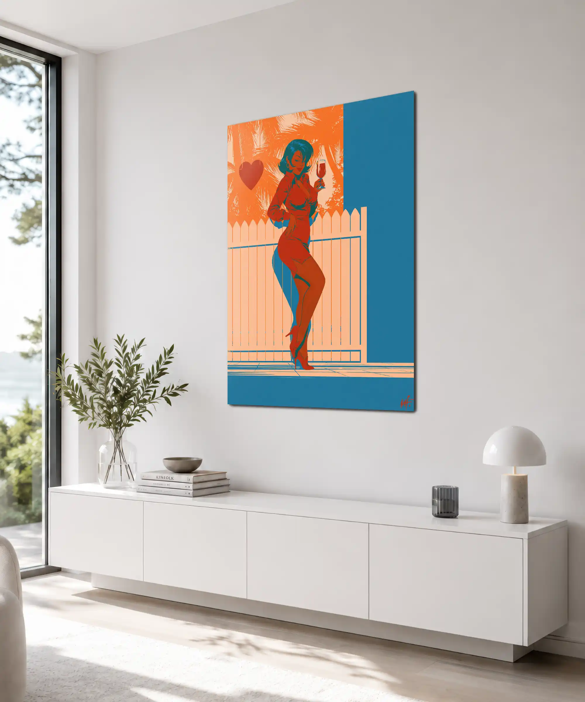 Patio Romance Sensual Poster 4 painting Angled interior display of woman wine poster with teal orange vintage design