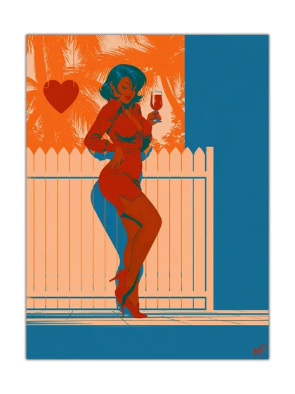 Stylized woman in red dress holding wine glass on a teal and orange patio poster