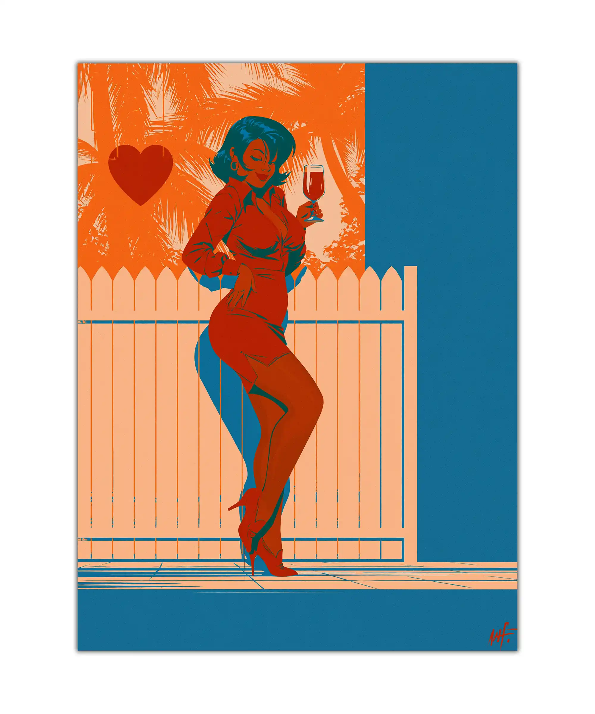 Patio Romance Sensual Poster 1 painting Stylized woman in red dress holding wine glass on a teal and orange patio poster