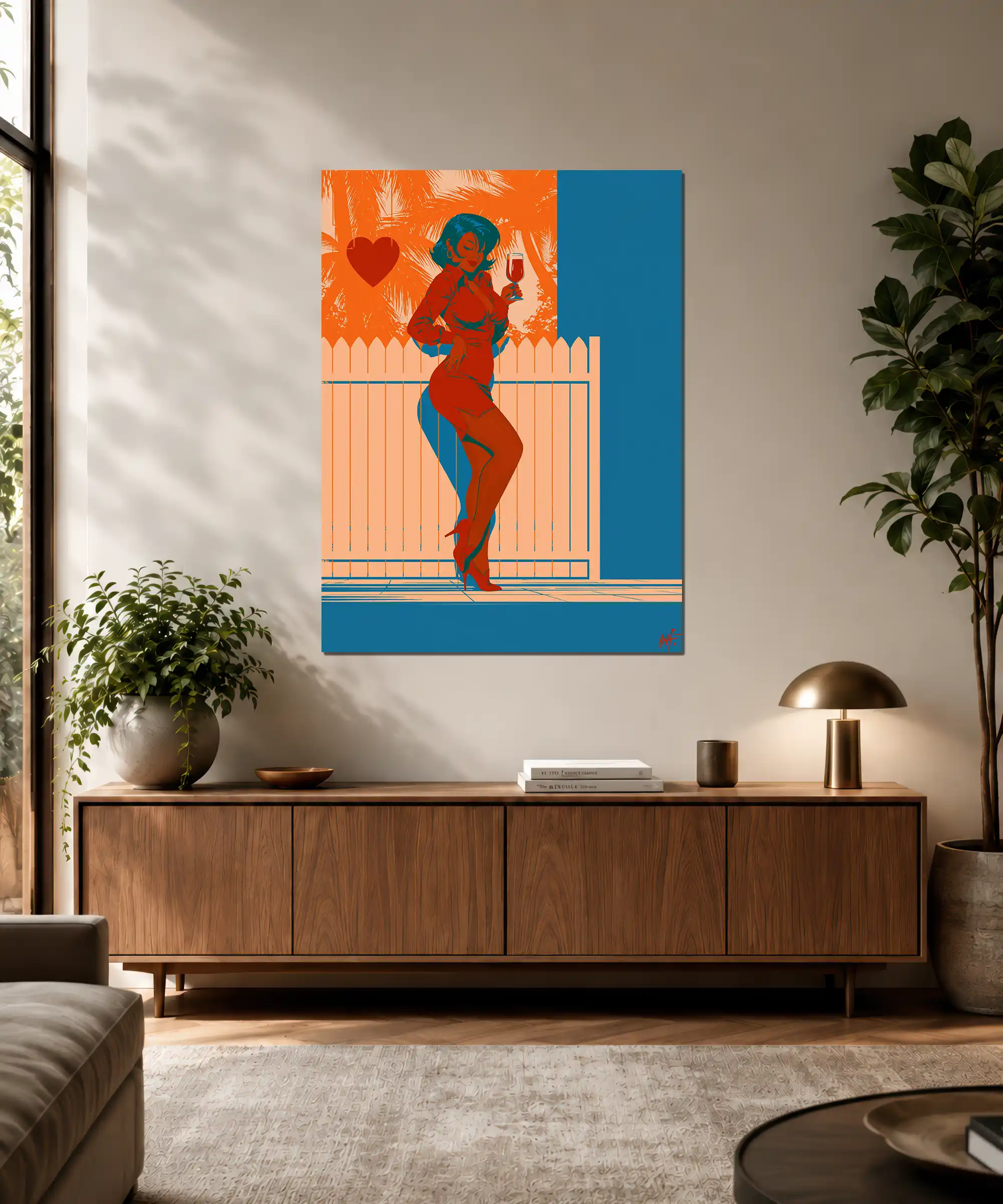 Patio Romance Sensual Poster 3 painting Woman with wine glass patio poster displayed in a stylish colorful interior