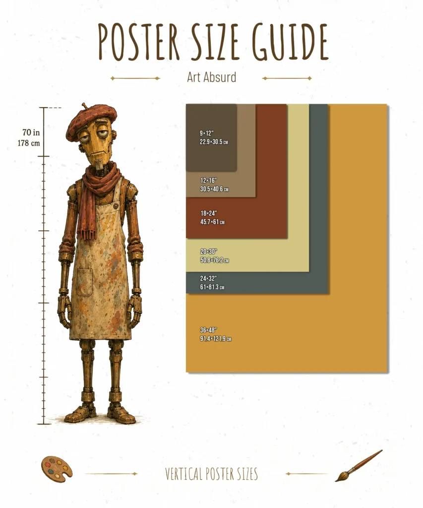 Art Absurd vertical poster size guide with Arto mascot showing 4:3 poster sizes from 12x9 to 48x36 inches