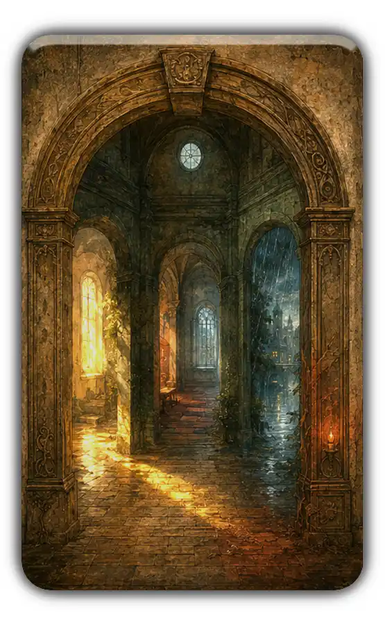 Atmospheric portal shaped by sunlight, rain, shadow, and changing colored light