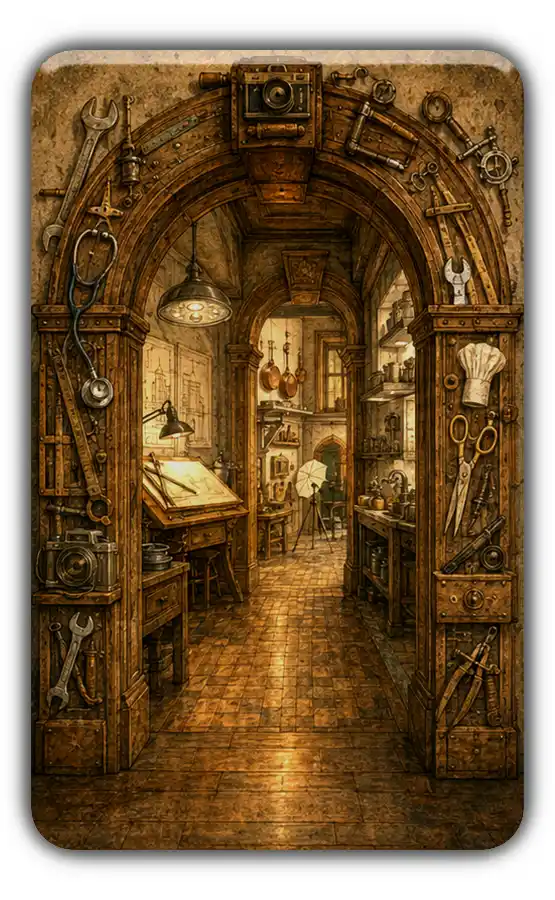 Open workshop portal framed with tools and leading to rooms for different professions