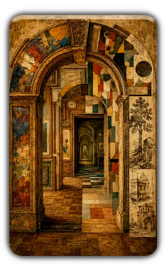 Art gallery portal combining painterly, geometric, vintage, and illustrated styles