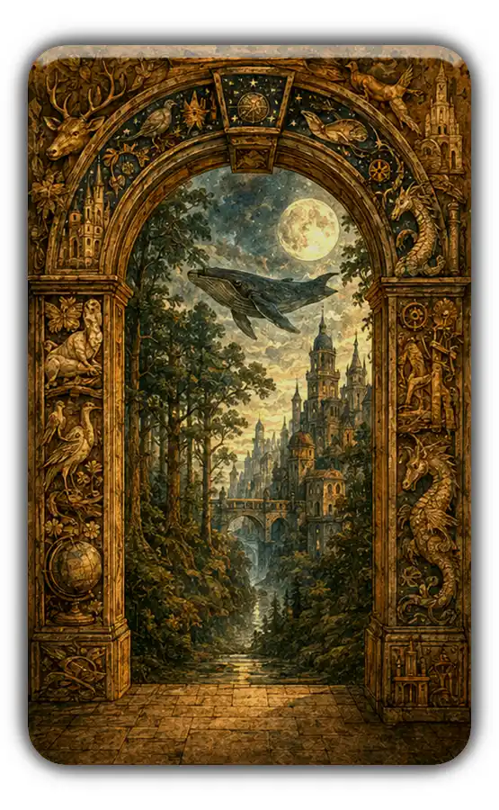 Ornate portal opening onto a surreal forest city beneath the moon and a flying whale