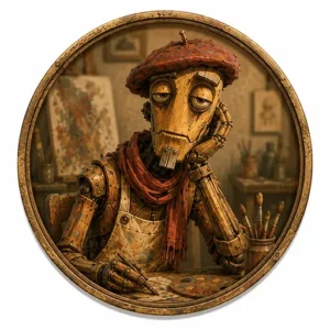 Arto, the ArtAbsurd wooden robot artist mascot, in a vintage studio portrait