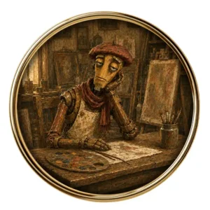 Tired Arto sitting at his studio table with his head resting on one hand