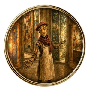 Arto inviting visitors to explore posters through four illustrated doors