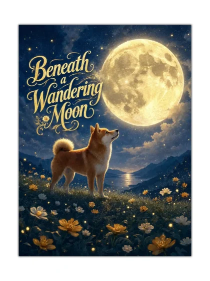 Moonlit dog poster with a glowing full moon, wildflowers, mountains, and ornate gold lettering