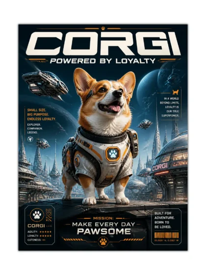 Cosmic corgi dog poster showing a Pembroke Welsh Corgi in futuristic space armor