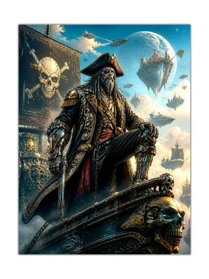 Sky pirate captain poster with skull flag, flying ships, floating fortress, and giant moon